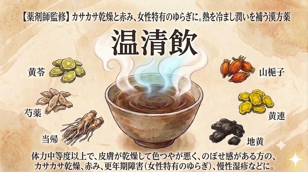 和紙のような質感のある背景に、漢方薬「温清飲（うんせいいん）」を解説するイラスト解説図。 上部には「【薬剤師監修】カサカサ乾燥と赤み、女性特有のゆらぎに。熱を冷まし潤いを補う漢方薬」とのテキスト。 中央には「温清飲」という大きなタイトルと、白と水色の湯気が立つ陶器のお椀が描かれている。お椀を囲むように、6つの生薬のイラストと名前が配置されている。左から反時計回りに「黄芩（おうごん）」「芍薬（しゃくやく）」「当帰（とうき）」、右から時計回りに「山梔子（さんしし）」「黄連（おうれん）」「地黄（じおう）」。 下部には適応症の詳細説明として「体力中等度以上で、皮膚が乾燥して色つやが悪く、のぼせ感がある方の、カサカサ乾燥、赤み、更年期障害（女性特有のゆらぎ）、慢性湿疹などに。」と書かれている。