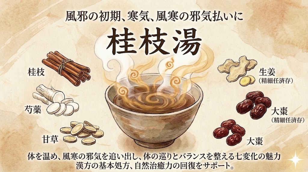 「風邪の初期、寒気、風寒の邪気払いに 桂枝湯」というタイトルの水彩画風画像。中央には湯気が立つ温かい桂枝湯の煎じ薬が描かれています。その周囲には、桂枝(けいし)、芍薬(しゃくやく)、甘草(かんぞう)、生姜(しょうきょう)、大棗(たいそう)といった5つの構成生薬のイラストが配置されています。下部には「体を温め、風寒の邪気を追い出し、体の巡りとバランスを整える七変化の魅力」「漢方の基本処方、自然治癒力の回復をサポート。」という説明文が添えられており、全体的にアンティーク調で温かみのあるデザインです。