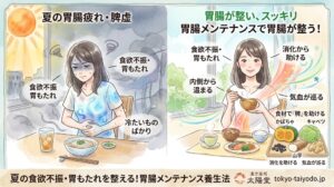 夏の食欲不振や胃もたれの原因となる「脾虚(ひきょ)」を解説するBefore/Afterの水彩画イラスト。左側のBeforeでは、冷たい飲み物や麺類を前に胃を押さえてうつむく女性と、お腹の冷えを表すどんよりとした青いエフェクトが描かれている。右側のAfterでは、温かい食事を前に笑顔を取り戻した女性と、気血の巡りを表す温かなオレンジ色のエフェクトが描かれている。手前には胃腸の働きを助ける山芋、かぼちゃ、キャベツなどの食材が置かれている。下部には「夏の食欲不振・胃もたれを整える!胃腸メンテナンス養生法」のタイトルと太陽堂のロゴが配置されている。