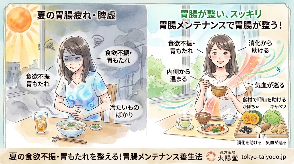 夏の食欲不振や胃もたれの原因となる「脾虚(ひきょ)」を解説するBefore/Afterの水彩画イラスト。左側のBeforeでは、冷たい飲み物や麺類を前に胃を押さえてうつむく女性と、お腹の冷えを表すどんよりとした青いエフェクトが描かれている。右側のAfterでは、温かい食事を前に笑顔を取り戻した女性と、気血の巡りを表す温かなオレンジ色のエフェクトが描かれている。手前には胃腸の働きを助ける山芋、かぼちゃ、キャベツなどの食材が置かれている。下部には「夏の食欲不振・胃もたれを整える!胃腸メンテナンス養生法」のタイトルと太陽堂のロゴが配置されている。