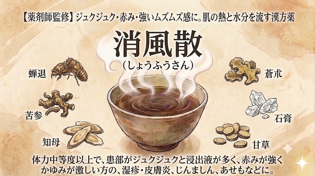 和紙のような質感のある背景に、漢方薬「消風散（しょうふうさん）」を解説するイラスト。上部には「【薬剤師監修】ジュクジュク・赤み・強いムズムズ感に。肌の熱と水分を流す漢方薬」とのテキスト。中央には大きな「消風散（しょうふうさん）」というタイトルと、湯気の立つ漢方薬が入ったbowl（お椀）が描かれ、その周囲を囲むように、左から反時計回りに「蝉退（せんたい）」「苦参（くじん）」「知母（ちも）」、右から時計回りに「蒼朮（そうじゅつ）」「石膏（せっこう）」「甘草（かんぞう）」の6つの生薬のイラストと名前が配置されている。下部には適応症の詳細説明として「体力中等度以上で、患部がジュクジュクと浸出液が多く、赤みが強くかゆみが激しい方の、湿疹・皮膚炎、じんましん、あせもなどに。」と書かれている。