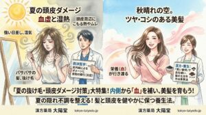 夏の抜け毛や頭皮ダメージの原因となる「湿熱」と「血虚」を解説するBefore/After水彩イラスト。左側は髪のダメージに悩む女性と、メカニズムを解説する林先生。右側は漢方と食事養生で健やかな美髪を取り戻した女性と、黒い食材のアドバイスをする椙田先生。