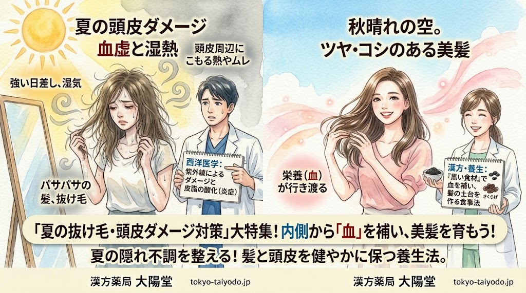 夏の抜け毛や頭皮ダメージの原因となる「湿熱」と「血虚」を解説するBefore/After水彩イラスト。左側は髪のダメージに悩む女性と、メカニズムを解説する林先生。右側は漢方と食事養生で健やかな美髪を取り戻した女性と、黒い食材のアドバイスをする椙田先生。
