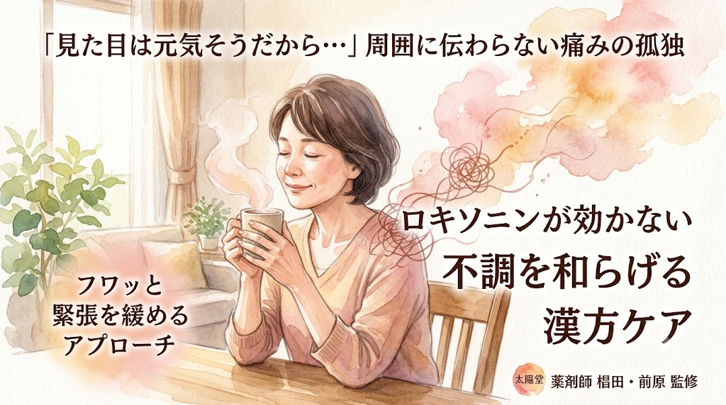 「見た目は元気そうだから…」周囲に伝わらない痛みの孤独、ロキソニンが効かない不調を和らげる漢方ケア。日差しの入る部屋で、温かい飲み物が入ったマグカップを両手で持ち、ホッとした表情でくつろぐ女性の水彩画イラスト。絡まった糸のような緊張が、温かいピンクやオレンジ色となってフワッと解けていく様子が描かれています。画像内テキスト：フワッと緊張を緩めるアプローチ、太陽堂 薬剤師 椙田・前原 監修。