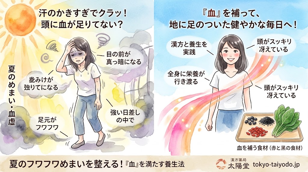 夏のめまいや立ちくらみの原因となる「血の不足（血虚）」を解説するBefore/After水彩イラスト。左側は大量の汗をかき、頭を押さえてクラッとめまいを感じている女性と「汗のかきすぎでクラッ！頭に血が足りてない？」の文字。右側は漢方や「赤・黒の食材」を取り入れ、顔色良くしっかりと立っている女性と「『血』を補って、地に足のついた健やかな毎日へ！」の文字。下部には大きく「夏のフワフワめまいを整える！『血』を満たす養生法」のタイトルと「漢方薬局 太陽堂」のロゴが配置されている。
