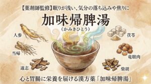 和紙のような質感のある背景に、漢方薬「加味帰脾湯（かみきひとう）」を解説する画像。 上部には「【薬剤師監修】眠りが浅い、気分の落ち込みや焦りに」と書かれています。 中央には大きなタイトル「加味帰脾湯」と、その下に「(かみきひとう)」のルビ。タイトルの下には、黄色、緑、青の湯気が立ち上る、漢方薬が入った茶色いお椀のイラストが描かれています。 お椀の周囲には、6つの生薬のイラストと名前が配置されています。左側には「人参（ニンジン）」、「当帰（トウキ）」、「遠志（オンジ）」。右側には「茯苓（ブクリョウ）」、「竜眼肉（リュウガンニク）」、「柴胡（サイコ）」。 下部には「心と胃腸に栄養を届ける漢方薬「加味帰脾湯」」という説明文