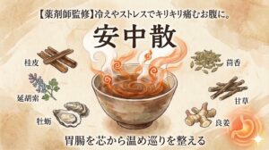 和紙風の背景に、漢方薬「安中散(あんちゅうさん)」を解説するサムネイル画像。上部には「【薬剤師監修】冷えやストレスでキリキリ痛むお腹に。」というキャッチコピーと「安中散」のタイトル。中央には湯気の立つ温かい陶器のお椀があり、その周囲に配合されている主要な生薬(桂皮、延胡索、牡蛎、茴香、甘草、良姜)がそれぞれの名前とともにイラストで紹介されています。下部には「胃腸を芯から温め巡りを整える」という説明文があり、右下には温まった胃のアイコンと光のグラフィックが添えられています。