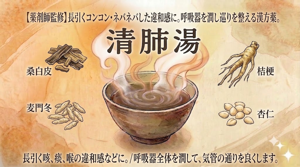 和紙風の質感のある背景に、漢方薬「清肺湯」を紹介する伝統的なスタイルのイラスト。上部には「【薬剤師監修】長引くコンコン・ネバネバした違和感に。呼吸器を潤し巡りを整える漢方薬。」というテキストが書かれている。中央に「清肺湯」という大きな文字があり、その下に湯気の立つ茶碗が配置されている。その茶碗を囲むように、左上から「桑白皮」、「麦門冬」、右上から「桔梗」、「杏仁」の4つの生薬のイラストとラベルが配置されている。下部には「長引く咳、痰、喉の違和感などに。/ 呼吸器全体を潤して、気管の通りを良くします。」という効能説明があり、右下に光の効果がある。