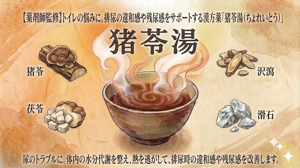 和紙風の質感のある背景に、漢方薬「猪苓湯」を紹介する伝統的なスタイルのイラスト。上部には「【薬剤師監修】トイレの悩みに。排尿の違和感や残尿感をサポートする漢方薬「猪苓湯(ちょれいとう)」」というテキストが書かれている。中央に「猪苓湯」という大きな文字があり、その下に湯気の立つ茶碗が配置されている。その茶碗を囲むように、左上から時計回りに「猪苓」、「沢瀉」、「滑石」、「茯苓」の4つの生薬のイラストとラベルが配置されている。下部には「尿のトラブルに。体内の水分代謝を整え、熱を逃がして、排尿時の違和感や残尿感を改善します。」という効能説明があり、右下に光の効果がある。