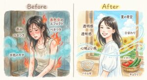 夏の肌荒れ・ニキビの原因となる「湿熱（しつねつ）」を解説するBefore/After水彩イラスト。左側は汗と湿気で肌トラブルに悩む女性と右側は漢方と食事養生で健やかな肌を取り戻した女性