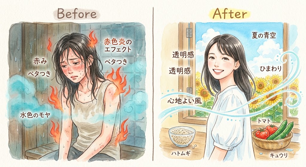 夏の肌荒れ・ニキビの原因となる「湿熱(しつねつ)」を解説するBefore/After水彩イラスト。左側は汗と湿気で肌トラブルに悩む女性と右側は漢方と食事養生で健やかな肌を取り戻した女性