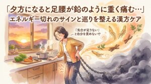 「夕方になると足腰が鉛のように重く痛む…」エネルギー切れのサインと巡りを整える漢方ケア。夕暮れ時のキッチンで、夕飯の支度中に腰を押さえて辛そうにうつむく女性の水彩画イラスト。女性の足元には鎖で繋がれた重い鉛の分銅と黒い影が描かれ、鉛のような重だるい痛みが表現されています。その一方で、女性の後ろからは高麗人参などの生薬とともに、温かいオレンジ色の「気(エネルギー)」がフワッと流れ込み、体を癒やしていく様子が描かれています。画像内テキスト:「気合が足りない」と自分を責めないで。