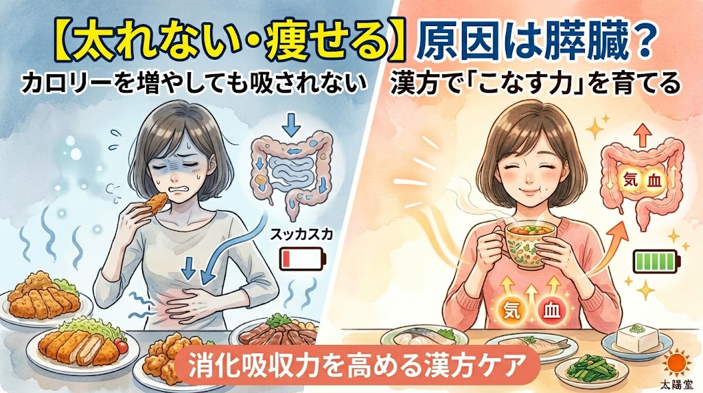 「太れない」「食べているのに痩せる」原因である膵臓や胃腸の機能低下と、消化吸収力を高める漢方ケアを対比した図解イラスト。左側は高カロリーな食事でも栄養が吸収されず胃腸が弱っている様子、右側は消化に良い食事で「気」や「血」が作られ、栄養が吸収されている様子を描いています。