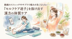 「動画のストレッチやサプリで痛みが良くならない…『セルフケア迷子』を抜け出す 漢方の体質ケア」というタイトル文字が入った水彩画風のイラスト。左側にはスマホの動画を見ながら苦しそうにストレッチをする女性やサプリメント（セルフケアに悩む様子）が描かれ、右側には漢方の材料が置かれた明るい部屋で、温かい飲み物を手に笑顔でリラックスする女性（体質ケアで改善した様子）が対比して描かれています。