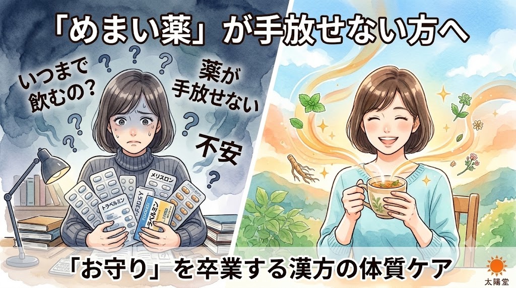 めまい薬が手放せない不安と、漢方の体質ケアでお薬を卒業し安心している姿を対比させたイラスト。「『めまい薬』が手放せない方へ」「『お守り』を卒業する漢方の体質ケア」の文字。