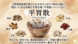 和紙風の背景に描かれた漢方薬「平胃散（へいいさん）」の解説図。上部には「【薬剤師監修】胃もたれやポチャポチャ鳴るお腹に。溜まった水分を動かす漢方薬」とある。中央には大きなタイトル「平胃散」と、湯気の中に渦巻く水のイメージが描かれた薬湯のお椀がある。お椀の周囲には、厚朴、陳皮、甘草、生姜、大棗、白朮の6種類の生薬のイラストと名前が配置されている。下部には「胃もたれ、消化不良、腹部膨満感などに。胃腸の働きを助け、溜まった余分な水分を体外へ動かします。」という説明テキストがある。