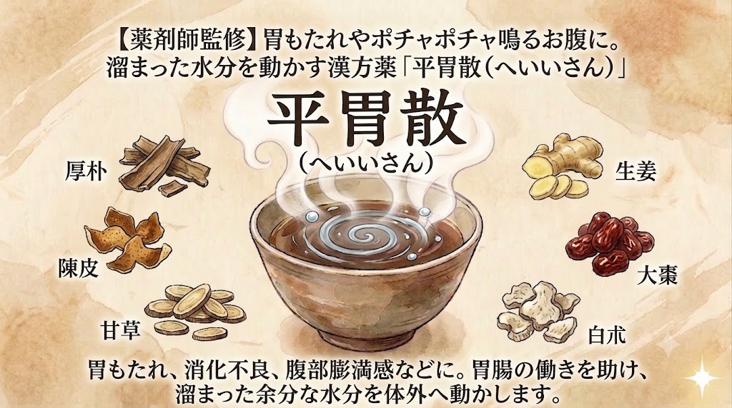 和紙風の背景に描かれた漢方薬「平胃散（へいいさん）」の解説図。上部には「【薬剤師監修】胃もたれやポチャポチャ鳴るお腹に。溜まった水分を動かす漢方薬」とある。中央には大きなタイトル「平胃散」と、湯気の中に渦巻く水のイメージが描かれた薬湯のお椀がある。お椀の周囲には、厚朴、陳皮、甘草、生姜、大棗、白朮の6種類の生薬のイラストと名前が配置されている。下部には「胃もたれ、消化不良、腹部膨満感などに。胃腸の働きを助け、溜まった余分な水分を体外へ動かします。」という説明テキストがある。