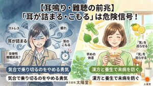 突発性難聴の前兆である「耳の詰まり・こもり」に悩む過労状態の女性と、漢方や養生で気を巡らせて未病を防ぐ姿の対比イラスト。