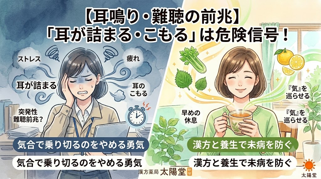 突発性難聴の前兆である「耳の詰まり・こもり」に悩む過労状態の女性と、漢方や養生で気を巡らせて未病を防ぐ姿の対比イラスト。