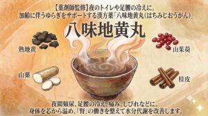 古い紙のテクスチャの背景に、漢方薬「八味地黄丸」を解説する画像。 上部には「薬剤師監修。夜のトイレや足腰の冷えに。加齢に伴うゆらぎをサポート」との記載。 中央には大きなタイトル「八味地黄丸」と湯気の立つ碗があり、その周囲に「熟地黄（じゅくじおう）」、「山薬（さんやく）」、「桂皮（けいひ）」、「山茱萸（さんしゅゆ）」のイラストと名前が配置されています。 下部には「夜間頻尿、足腰の冷え、痛み、しびれなどに。身体を芯から温め、水分代謝を改善します」という効能説明が書かれています。 右下にキラキラした光の装飾があります。