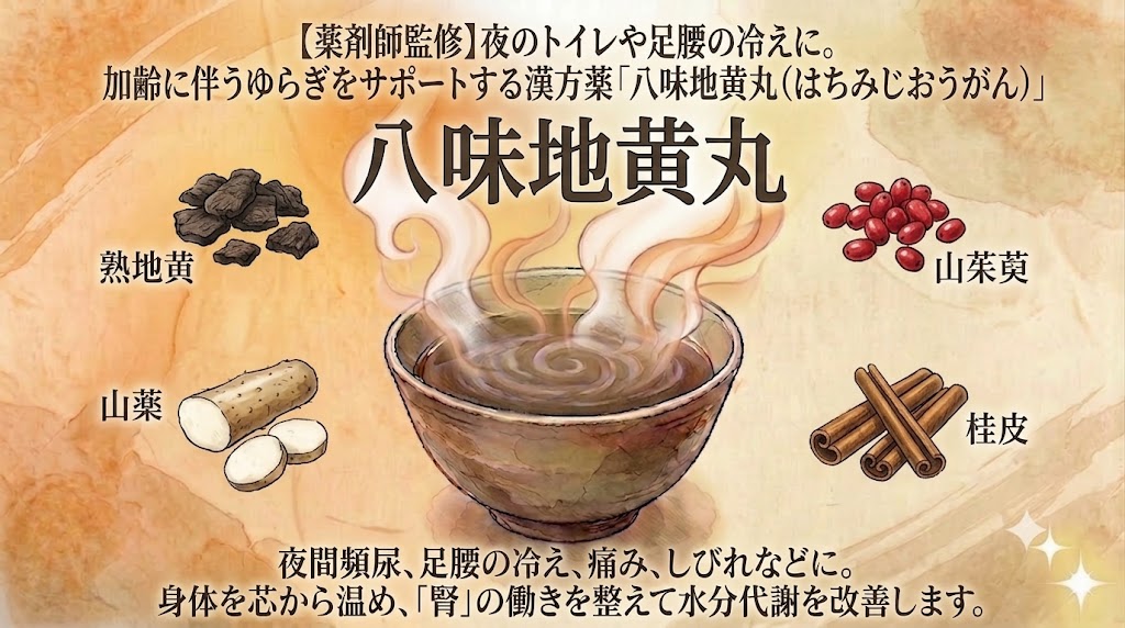 古い紙のテクスチャの背景に、漢方薬「八味地黄丸」を解説する画像。 上部には「薬剤師監修。夜のトイレや足腰の冷えに。加齢に伴うゆらぎをサポート」との記載。 中央には大きなタイトル「八味地黄丸」と湯気の立つ碗があり、その周囲に「熟地黄(じゅくじおう)」、「山薬(さんやく)」、「桂皮(けいひ)」、「山茱萸(さんしゅゆ)」のイラストと名前が配置されています。 下部には「夜間頻尿、足腰の冷え、痛み、しびれなどに。身体を芯から温め、水分代謝を改善します」という効能説明が書かれています。 右下にキラキラした光の装飾があります。