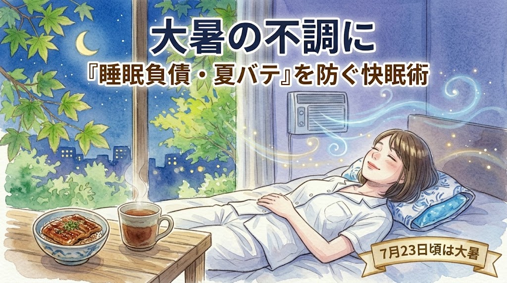 大暑の養生ブログ記事サムネイル。三日月が浮かぶ夏の夜空が見える涼しげなベッドルームで、若い日本人女性が青い氷枕（保冷まくら）を敷き、心地よさそうに微笑みながら眠っている。壁のエアコンからは青い冷風のエフェクトが穏やかに流れており、快適な室温が保たれている。手前の素朴な木のテーブルには、夏バテ対策の食養生である「ウナギの蒲焼きが乗った丼」と「湯気の立つ温かいお茶」が置かれている。「大暑の不調に」「『睡眠負債・夏バテ』を防ぐ快眠術」「7月23日頃は大暑」という文字。優しい水彩イラスト。