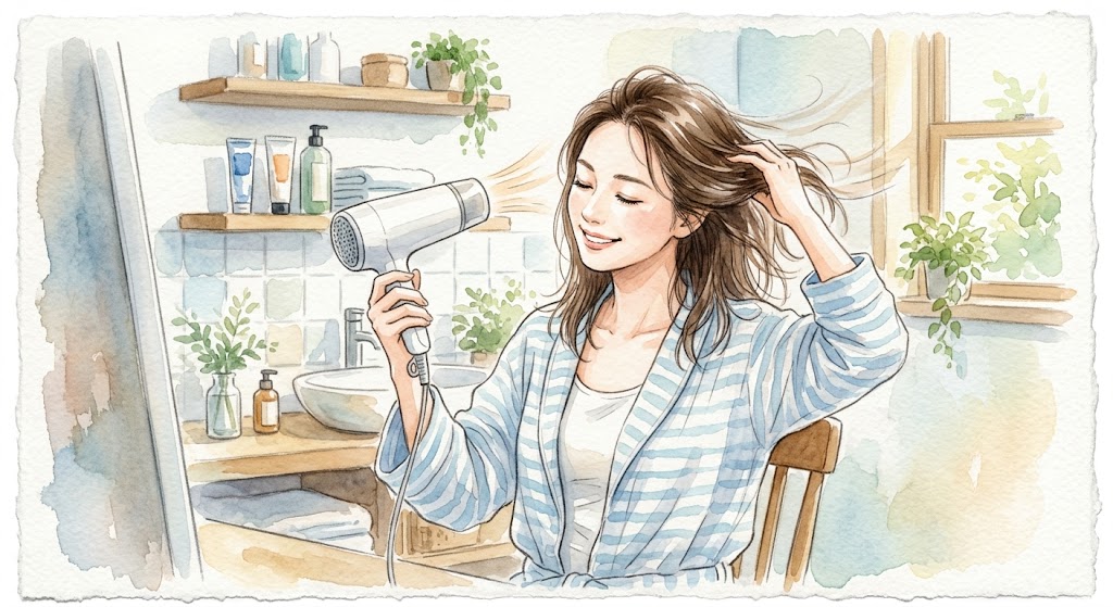 お風呂上がりにドライヤーを使って頭皮(髪の根元)からしっかりと乾かし、夏の「湿熱」や雑菌の繁殖を防いでいる女性の優しい水彩画イラスト。
記事内の「洗髪後はすぐにドライヤーで頭皮から乾かす」というアクションを的確に伝える内容にしています。必要に応じて微調整してご使用ください。