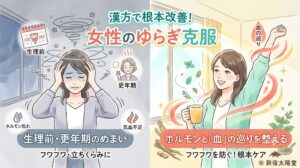 生理前や更年期のめまい・立ちくらみと、漢方でホルモンや「血」の巡りを整えて根本ケアをする様子を表したイラスト。「漢方で根本改善！女性のゆらぎ克服」の文字。
