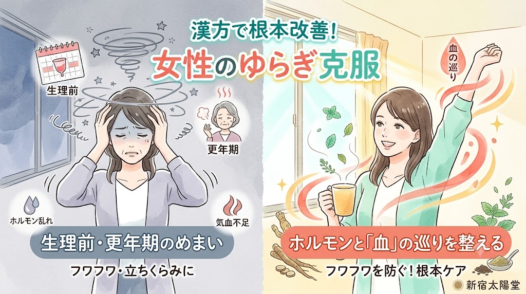 生理前や更年期のめまい・立ちくらみと、漢方でホルモンや「血」の巡りを整えて根本ケアをする様子を表したイラスト。「漢方で根本改善！女性のゆらぎ克服」の文字。