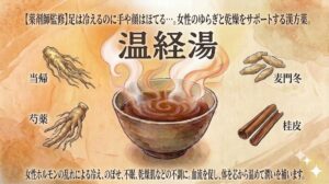 漢方薬「温経湯（うんけいとう）」の解説画像。 上部に「【薬剤師監修】足は冷えるのに手や顔はほてる…。女性のゆらぎと乾燥をサポートする漢方薬。」というキャッチコピー。 中央には「温経湯」の大きな文字と、湯気の立つ漢方薬が入ったお椀のイラスト。 その周囲に4つの生薬（当帰、芍薬、麦門冬、桂皮）のイラストと名称が配置されている。 下部には「女性ホルモンの乱れによる冷え、のぼせ、不眠、乾燥肌などの不調に。血流を促し、体を芯から温めて潤いを補います。」という説明文が書かれている。 背景は温かみのある和紙・羊皮紙風のデザイン。