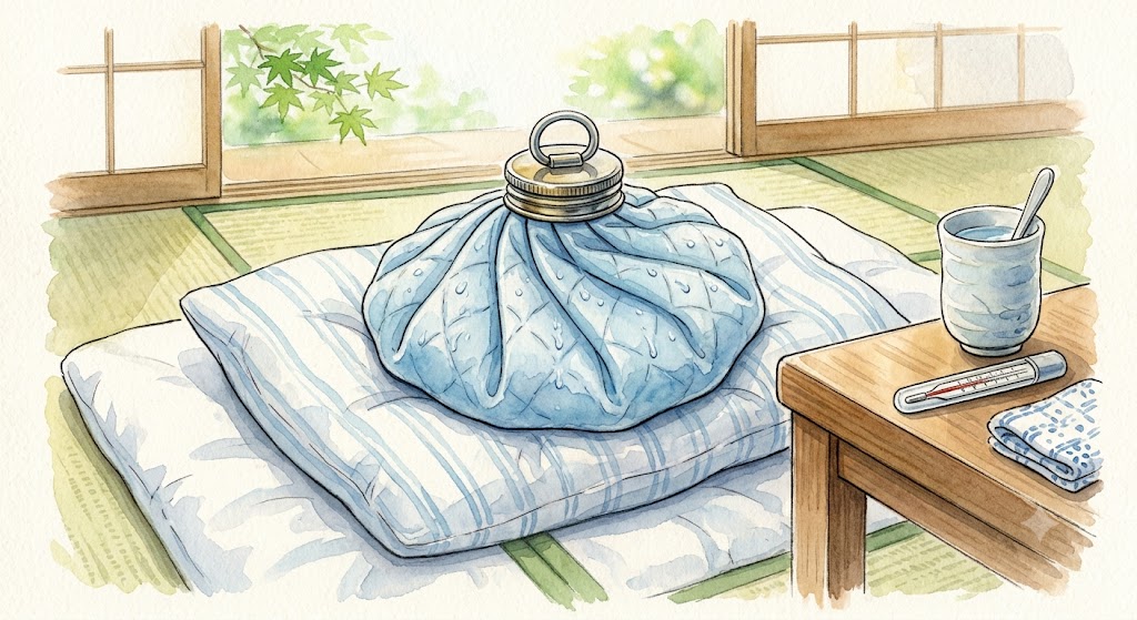 障子戸から庭の緑のカエデが見える和室に敷かれた、縞模様の和布団と、その上に置かれたゴム製の氷嚢。右側の木製テーブルには、水入れ、体温計、タオルが並んでいる。水彩画のイラスト。