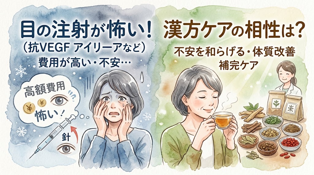 水彩画風のインフォグラフィック。左側は暗い寒色系の背景で、「目の注射が怖い!(抗VEGF アイリーアなど)」「費用が高い・不安…」のテキストとともに、顔を青ざめて怯える女性と、高額な費用や注射針への恐怖を示す吹き出しが描かれている。右側は明るい暖色系の背景で、「漢方ケアの相性は?」「不安を和らげる・体質改善 補完ケア」のテキストとともに、笑顔でリラックスして漢方茶を飲む同じ女性、背景で見守る薬剤師、手前に並べられた様々な漢方生薬が描かれている。注射への恐怖心と、それを補完し和らげる漢方ケアの対比を描いたデザイン。