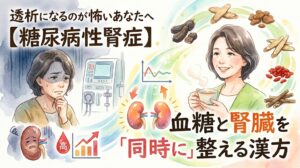 【糖尿病性腎症】透析になるのが怖いあなたへ——血糖と腎臓を「同時に」整える漢方。透析器の前で暗い表情の女性と高い血糖値を示すグラフに対し、笑顔で漢方茶を飲む女性と元気な腎臓、様々な生薬が対比して描かれた水彩画風イラスト。