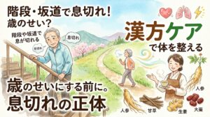 水彩画風の健康情報サムネイル。左側では階段で手すりにつかまり、辛そうに息を切らす高齢男性が描かれ、周囲には「階段・坂道で息切れ!歳のせい?」「歳のせいにする前に。息切れの正体」という日本語テキストがあります。中央背景はなだらかな坂道の小道が続き、その先(右側)では元気そうにウォーキングをする高齢女性がスムーズな呼吸を表す風の渦と共に描かれています。右側には、笑顔で湯呑みを差し出す漢方薬剤師風の女性と、彼女の周りに人参、甘草、生姜、大棗といった漢方生薬が並んでいます。上部には「漢方ケアで体を整える」というテキストと、健康な心臓、肺、エネルギーのアイコンがあります。階段で苦しむ男性と、坂道を元気に歩き漢方でケアする女性の対比が描かれています。