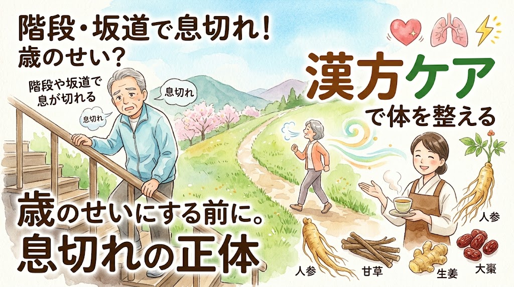 水彩画風の健康情報サムネイル。左側では階段で手すりにつかまり、辛そうに息を切らす高齢男性が描かれ、周囲には「階段・坂道で息切れ!歳のせい?」「歳のせいにする前に。息切れの正体」という日本語テキストがあります。中央背景はなだらかな坂道の小道が続き、その先(右側)では元気そうにウォーキングをする高齢女性がスムーズな呼吸を表す風の渦と共に描かれています。右側には、笑顔で湯呑みを差し出す漢方薬剤師風の女性と、彼女の周りに人参、甘草、生姜、大棗といった漢方生薬が並んでいます。上部には「漢方ケアで体を整える」というテキストと、健康な心臓、肺、エネルギーのアイコンがあります。階段で苦しむ男性と、坂道を元気に歩き漢方でケアする女性の対比が描かれています。