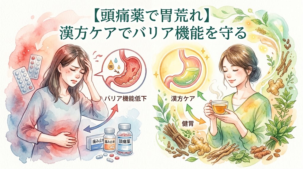水彩画タッチのサムネイル画像。タイトルは「【頭痛薬で胃荒れ】漢方ケアでバリア機能を守る」。左側に痛み止めを飲んで胃痛に悩む女性と荒れた胃の図解。右側に漢方茶を飲んで穏やかな表情の女性と、健康的に潤った胃の図解、周囲に生薬が描かれている。