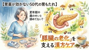 水彩画風の日本語サムネイル。上部のメインタイトルは「胃薬が効かない50代の胃もたれ」と翻訳。左側には、悩ましい表情で胃を押さえる高齢の日本人女性。隣のテキストバブルは「更年期？年齢のせい？諦めてない？」と翻訳。テーブルの上には赤い「×」印が付いた「胃薬」のパックと錠剤がある。背景には時計。右側には、白いコートを着て笑顔で漢方茶のボウルを持つ日本人漢方家。彼らの下には、様々な薬草の描画（「人参」「甘草」「茯苓」「生姜」とラベルあり）に囲まれた膵臓のイラストがある。中央の大きなオレンジ色のテキストは「『膵臓の老化』を支える漢方ケア」と翻訳。