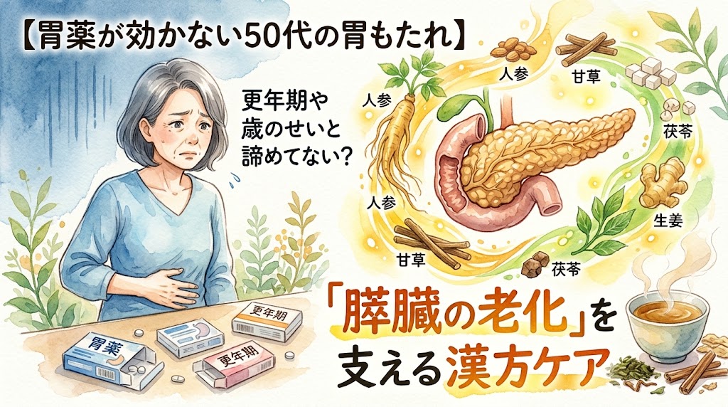 水彩画風の日本語サムネイル。上部のメインタイトルは「胃薬が効かない50代の胃もたれ」と翻訳。左側には、悩ましい表情で胃を押さえる高齢の日本人女性。隣のテキストバブルは「更年期?年齢のせい?諦めてない?」と翻訳。テーブルの上には赤い「×」印が付いた「胃薬」のパックと錠剤がある。背景には時計。右側には、白いコートを着て笑顔で漢方茶のボウルを持つ日本人漢方家。彼らの下には、様々な薬草の描画(「人参」「甘草」「茯苓」「生姜」とラベルあり)に囲まれた膵臓のイラストがある。中央の大きなオレンジ色のテキストは「『膵臓の老化』を支える漢方ケア」と翻訳。