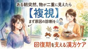 【複視】ある朝突然、物が二重に見えたら、まず原因の診断を。回復期を支える漢方ケア。目元を押さえる女性と、クコの実や霊芝などの漢方を取り入れ回復に向かう女性の水彩画イラスト。