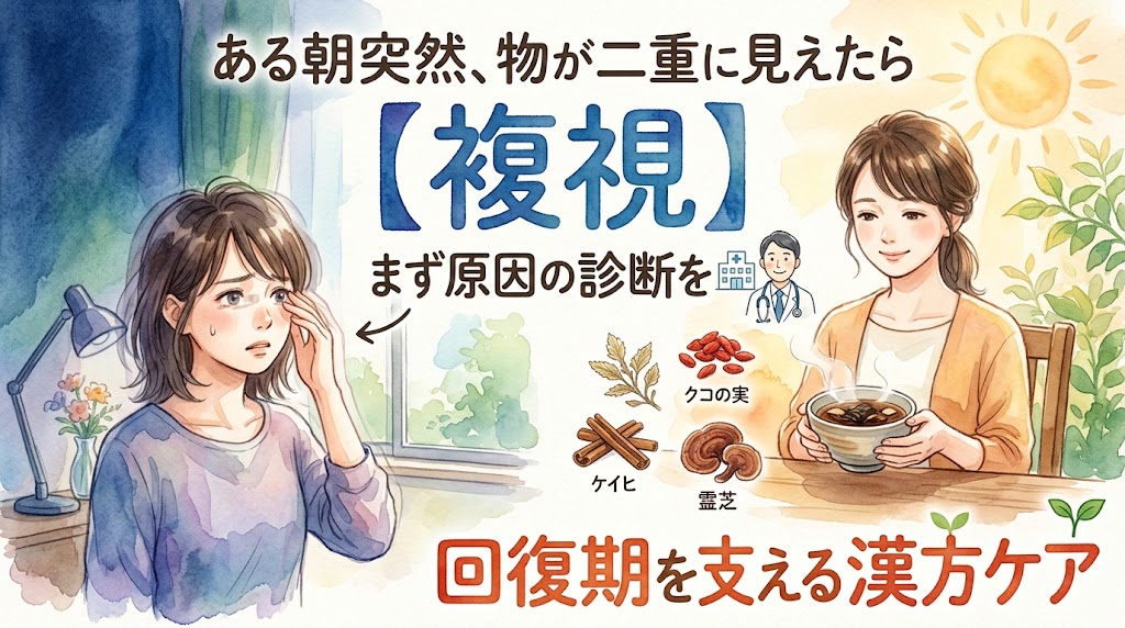 【複視】ある朝突然、物が二重に見えたら、まず原因の診断を。回復期を支える漢方ケア。目元を押さえる女性と、クコの実や霊芝などの漢方を取り入れ回復に向かう女性の水彩画イラスト。