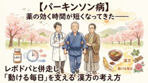 【パーキンソン病】薬の効く時間が短くなってきた——レボドパと併走し「動ける毎日」を支える漢方の考え方。桜が咲く道を医師と家族に支えられて歩く高齢男性、レボドパの薬瓶と時計のイラスト、漢方茶と生薬が描かれた温かみのある水彩画。