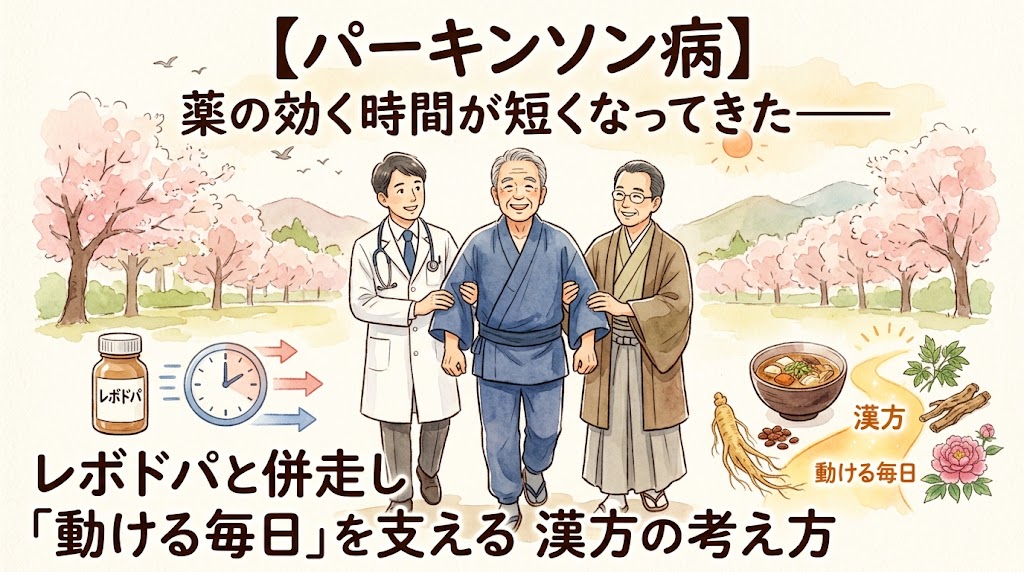 【パーキンソン病】薬の効く時間が短くなってきた——レボドパと併走し「動ける毎日」を支える漢方の考え方。桜が咲く道を医師と家族に支えられて歩く高齢男性、レボドパの薬瓶と時計のイラスト、漢方茶と生薬が描かれた温かみのある水彩画。