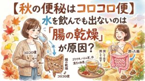 「【秋の便秘はコロコロ便】」と題された、水彩画風のYouTubeサムネイル画像。秋の紅葉と夕日を背景に、左右で対比するイラストが描かれている。左側には水を飲んでもコロコロ便が解消せず、乾燥した腸に苦しむ女性と「『腸の乾燥』が原因？」というテキスト。右側には漢方茶（ゴウウキ、ハトムギなど）を飲んで腸を潤し、笑顔で便がスムーズに出るようになった女性と「漢方の知恵」「潤して出す」というテキストが配置されている。