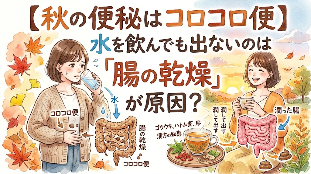 「【秋の便秘はコロコロ便】」と題された、水彩画風のYouTubeサムネイル画像。秋の紅葉と夕日を背景に、左右で対比するイラストが描かれている。左側には水を飲んでもコロコロ便が解消せず、乾燥した腸に苦しむ女性と「『腸の乾燥』が原因？」というテキスト。右側には漢方茶（ゴウウキ、ハトムギなど）を飲んで腸を潤し、笑顔で便がスムーズに出るようになった女性と「漢方の知恵」「潤して出す」というテキストが配置されている。