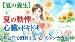 水彩画風のサムネイル画像。胸に手を当てて心臓の動悸を感じている女性のイラストとともに、「【夏の養生】夏の動悸・心臓のドキドキ」「熱と汗で消耗する『心』のメンテナンス」というタイトルテキストが配置されています。