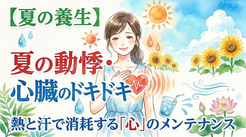 水彩画風のサムネイル画像。胸に手を当てて心臓の動悸を感じている女性のイラストとともに、「【夏の養生】夏の動悸・心臓のドキドキ」「熱と汗で消耗する『心』のメンテナンス」というタイトルテキストが配置されています。