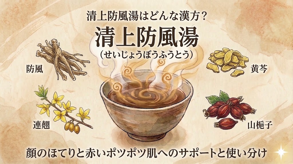 水彩画風のタッチで描かれた「清上防風湯」の解説用サムネイル画像。古い紙のような背景の中央に、湯気が立つ漢方薬が入った器が描かれている。上部には「【薬剤師監修】清上防風湯はどんな漢方？」、下部には「若い方の赤ニキビ・顔のほてりへの使い方と使い分け」というテキストが配置され、周囲には構成生薬や顔の赤み・ニキビをイメージさせるイラストが添えられている。