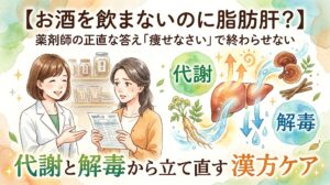 【お酒を飲まないのに脂肪肝？】薬剤師の正直な答え「痩せなさい」で終わらせない、代謝と解毒から立て直す漢方ケア。検査結果を持つ女性と説明する薬剤師、肝臓の代謝と解毒を促す漢方生薬の水彩画イラスト。