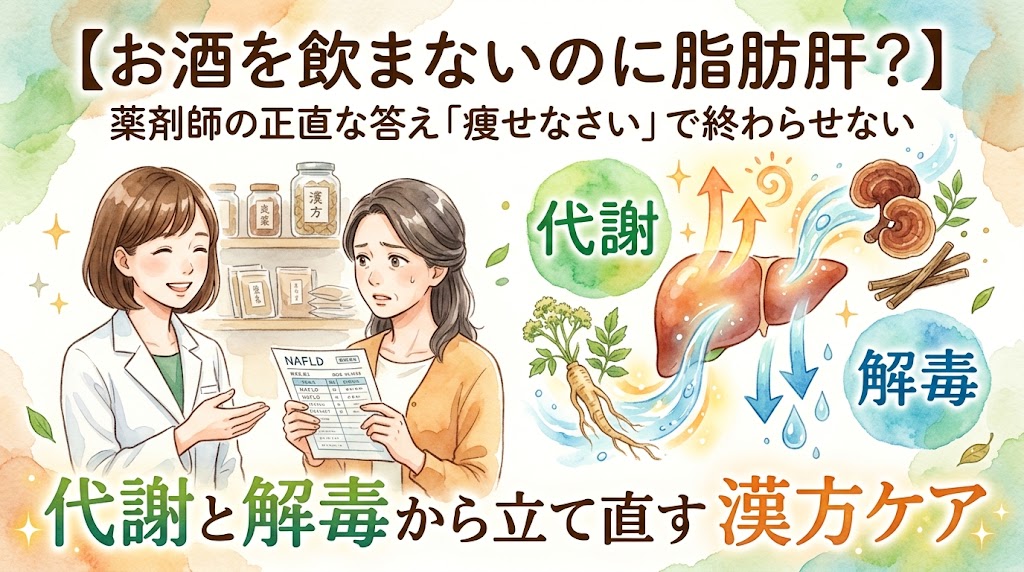 【お酒を飲まないのに脂肪肝？】薬剤師の正直な答え「痩せなさい」で終わらせない、代謝と解毒から立て直す漢方ケア。検査結果を持つ女性と説明する薬剤師、肝臓の代謝と解毒を促す漢方生薬の水彩画イラスト。