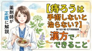 水彩画風のサムネイル画像。白衣を着て生薬の入った器を持つ女性薬剤師のイラストとともに、「【痔ろうは手術しないと治らない?】繰り返す膿・肛門周囲膿瘍 漢方でできること」「薬剤師が正直に解説」というテキストが大きく書かれています。背景には薬草とお尻の炎症を示すイラストが描かれています。